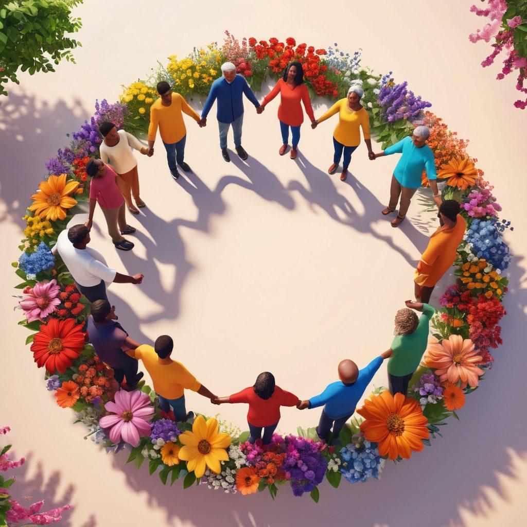 A diverse group of people holding hands in a circle, surrounded by blooming flowers symbolizing growth and support. In the background, a vibrant community center with colorful banners representing various resources and support networks. The atmosphere is warm and inviting, depicting a sense of unity and strength. super-realistic. vibrant colors. 3D.